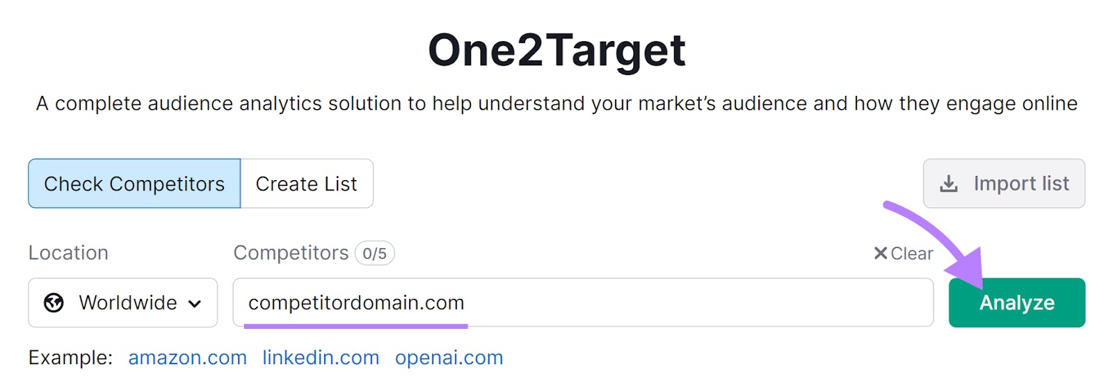 An example competitor's domain entered into One2Target search bar