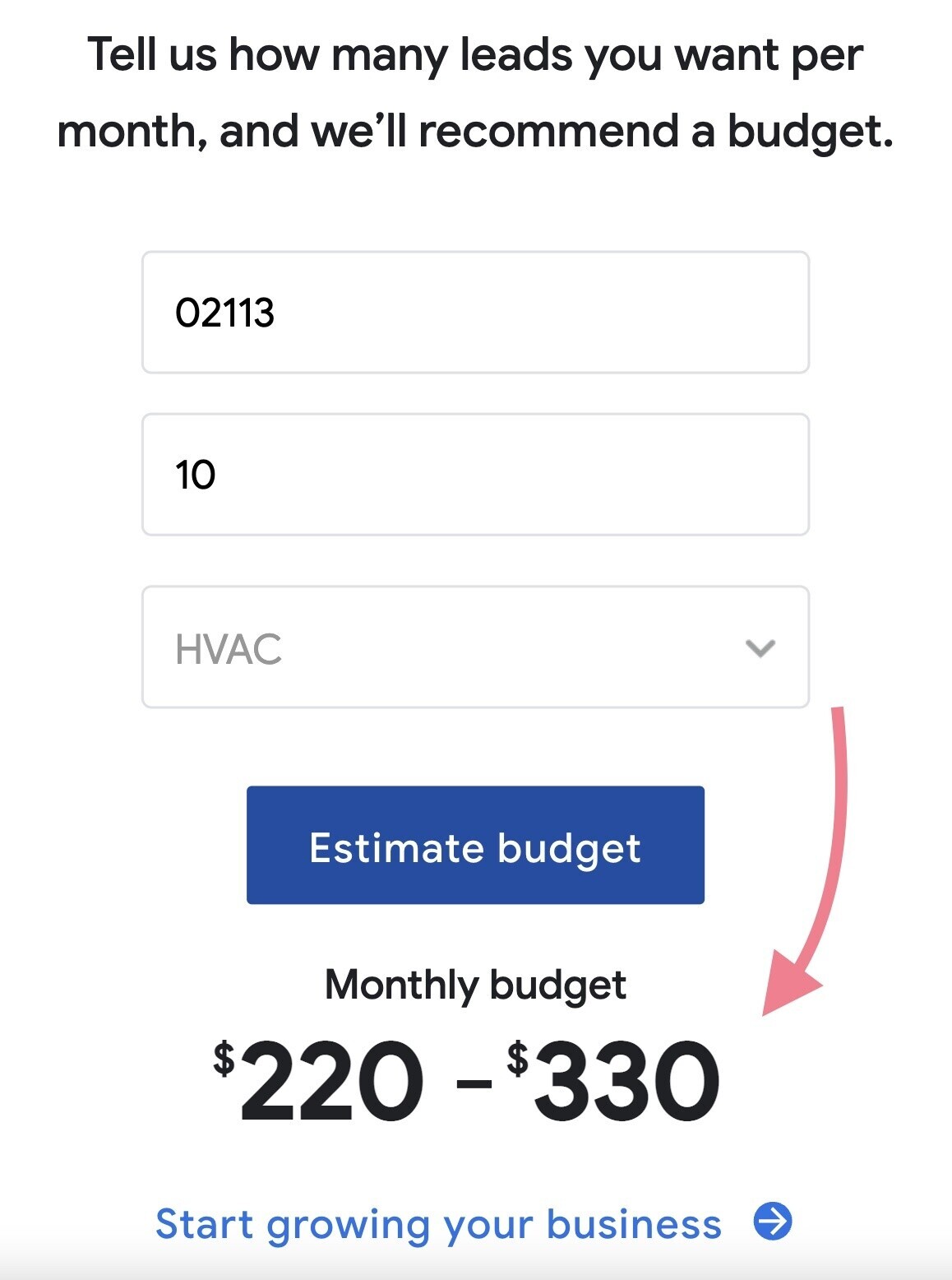 Google’s cost tool estimated monthly budget