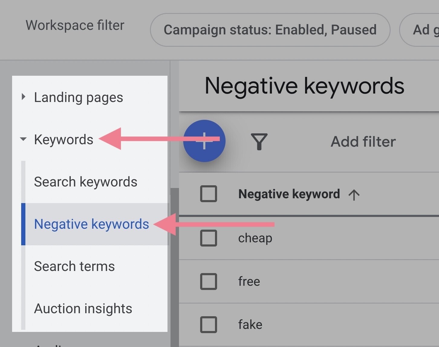 google ads negative keywords