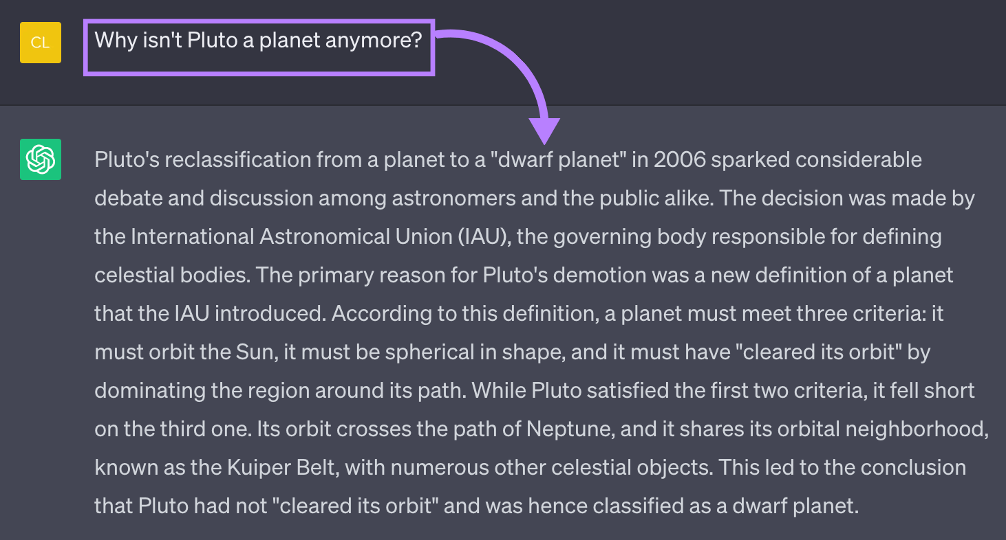 ChatGPT's response to "Why isn’t Pluto a planet anymore?" prompt