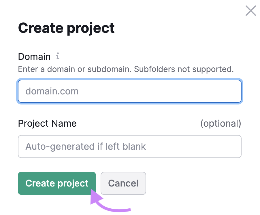 "Create project" window in Site Audit