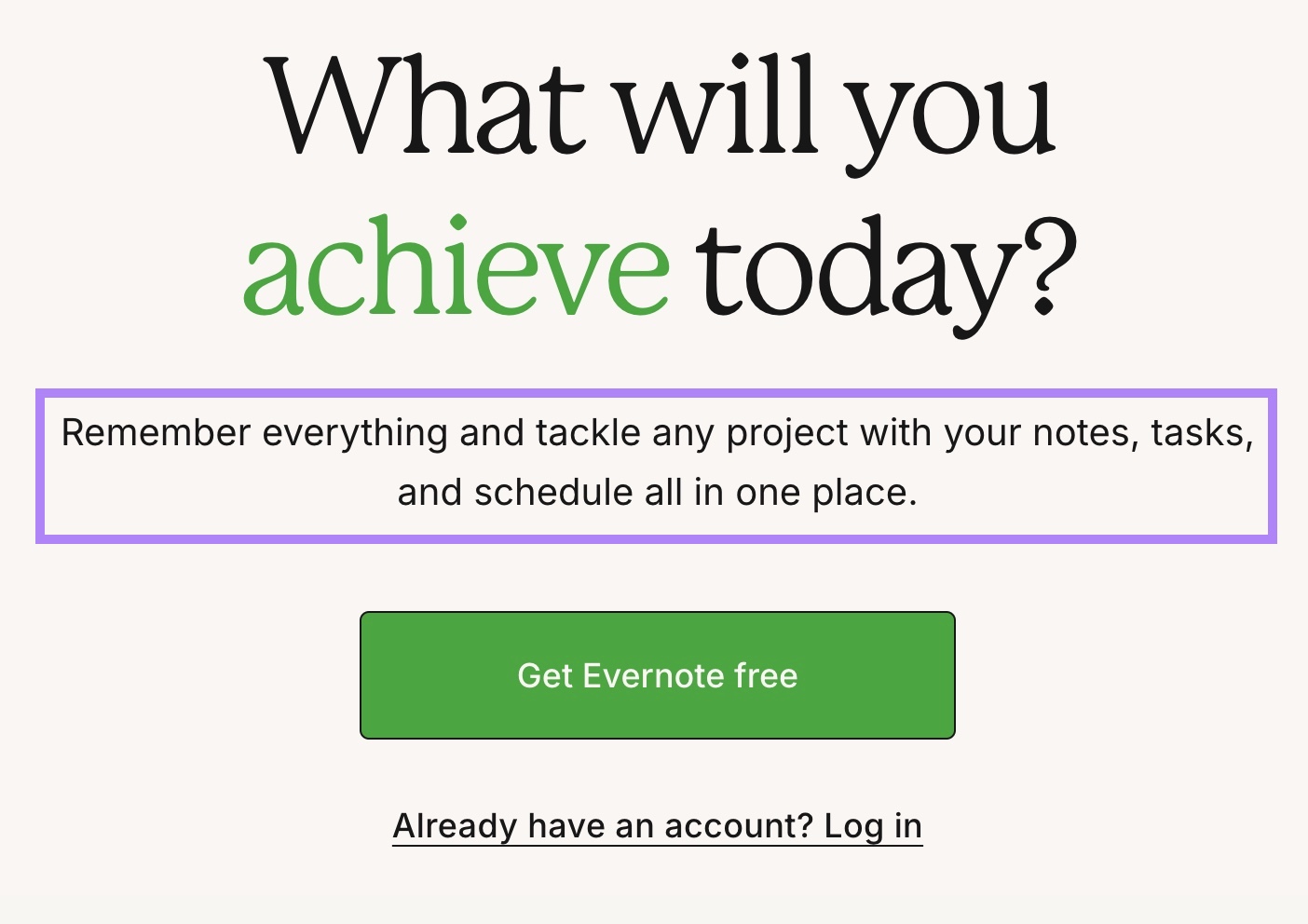 Evernote homepage with the product messaging targeting their audience's pain points highlighted.