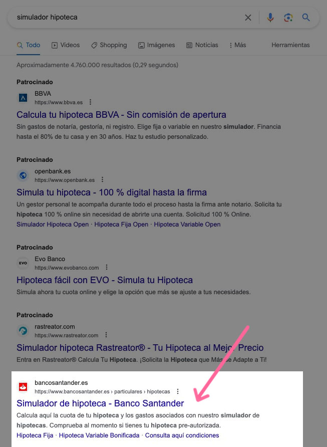 Resultados orgánicos normales bajo anuncios de Google