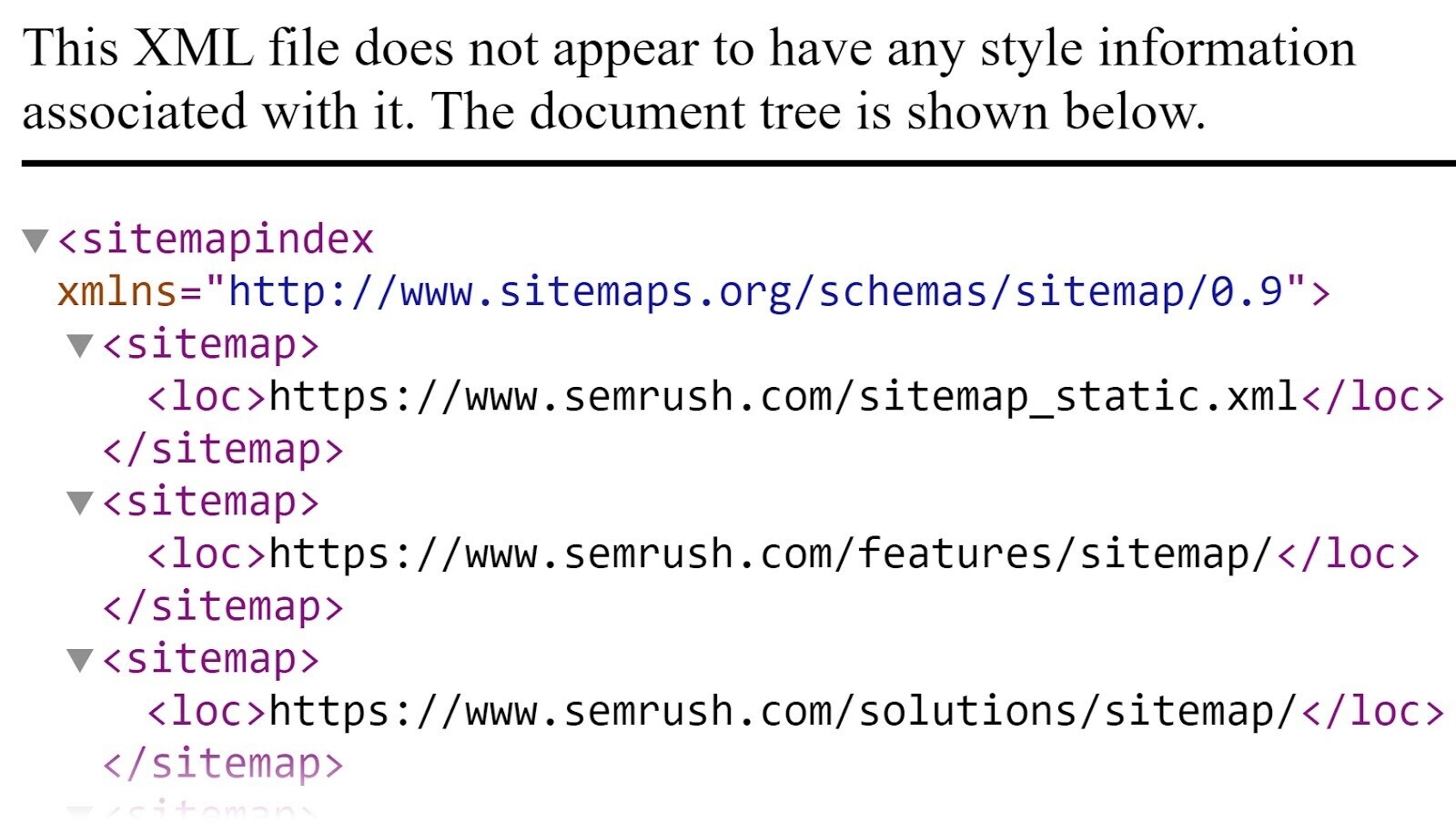 an example of a page saying "this XML file does not appear to have any style information associated with it. The document tree is shown below."