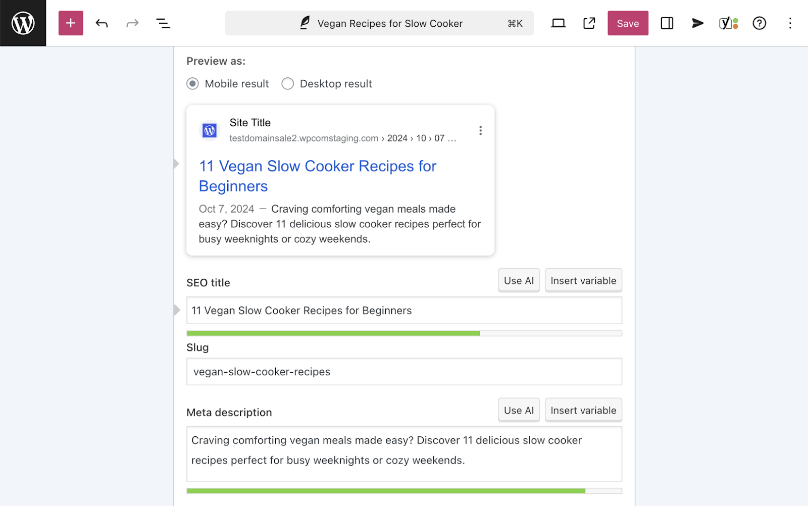 Preview search engine result and change the SEO title, slug, and meta description in Yoast SEO