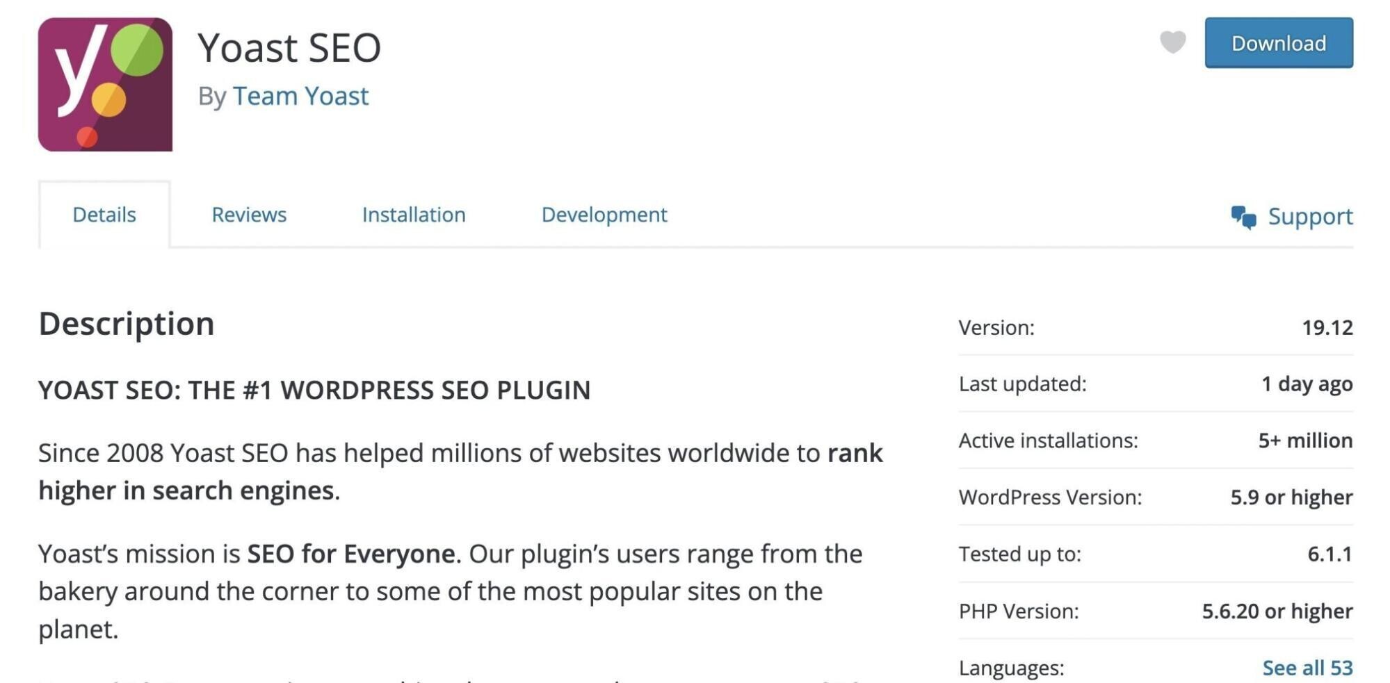 Yoast SEO plugin information