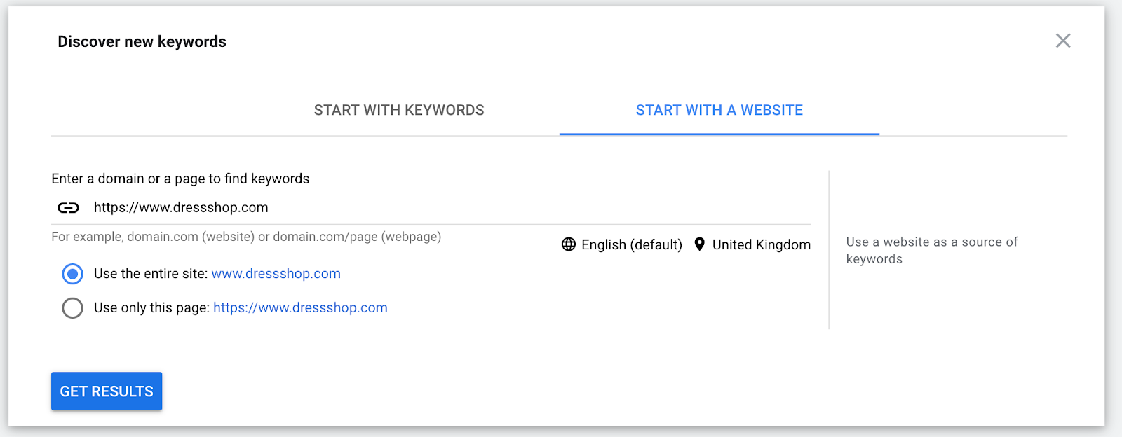 Keyword planner finding keywords with a website