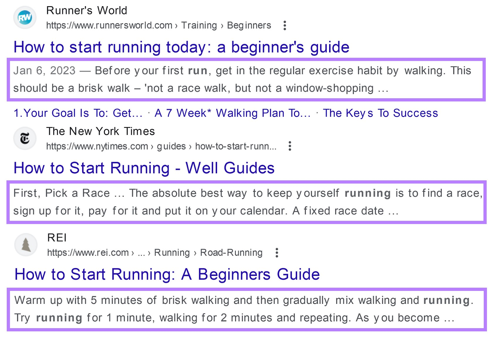 Google SERP for “how to start running” with meta descriptions highlighted in purple