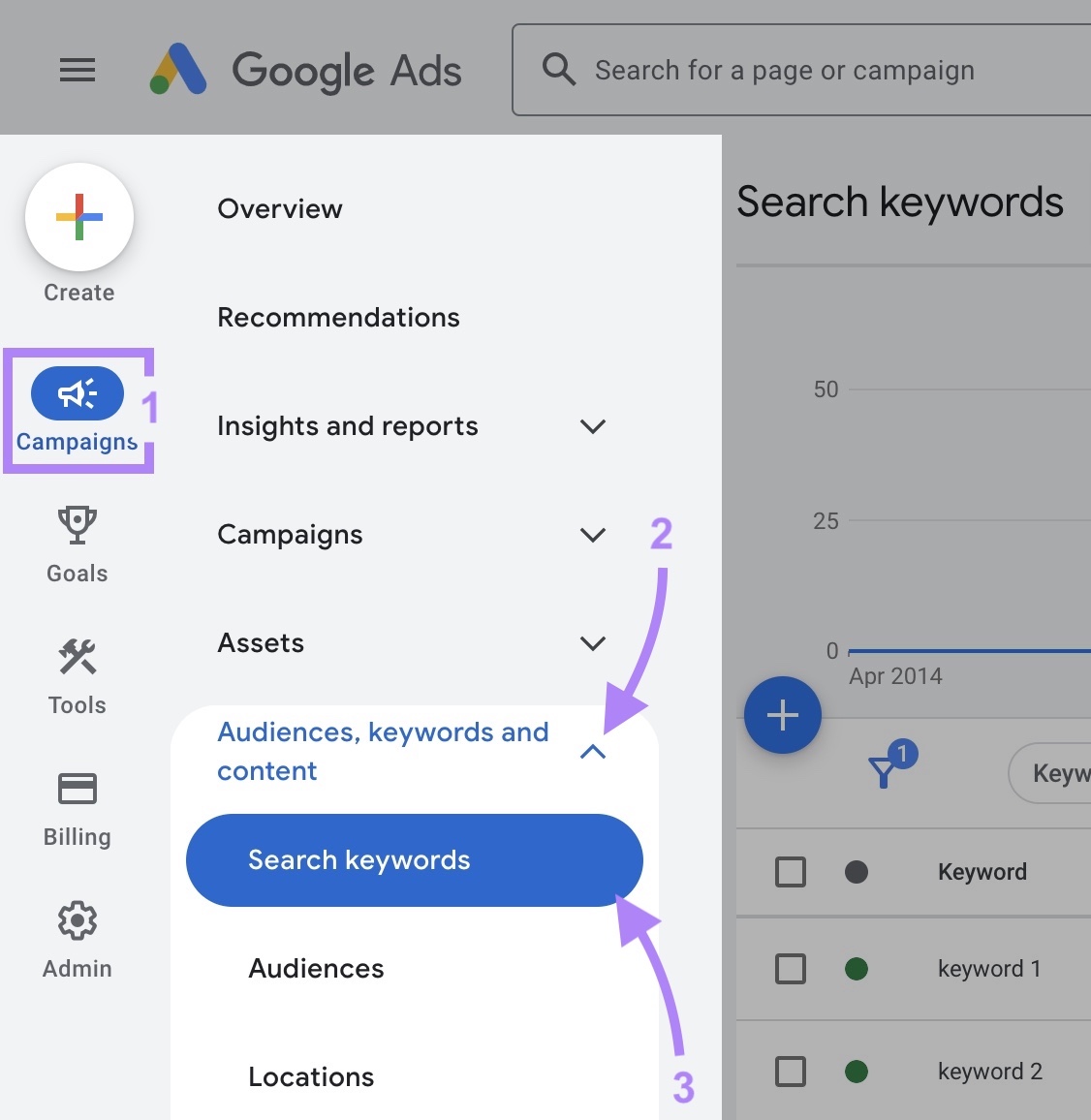 Navigating to "Search keywords" on Google Ads by selecting it from the “Audiences, keywords and content” drop-down in the left-hand menu.