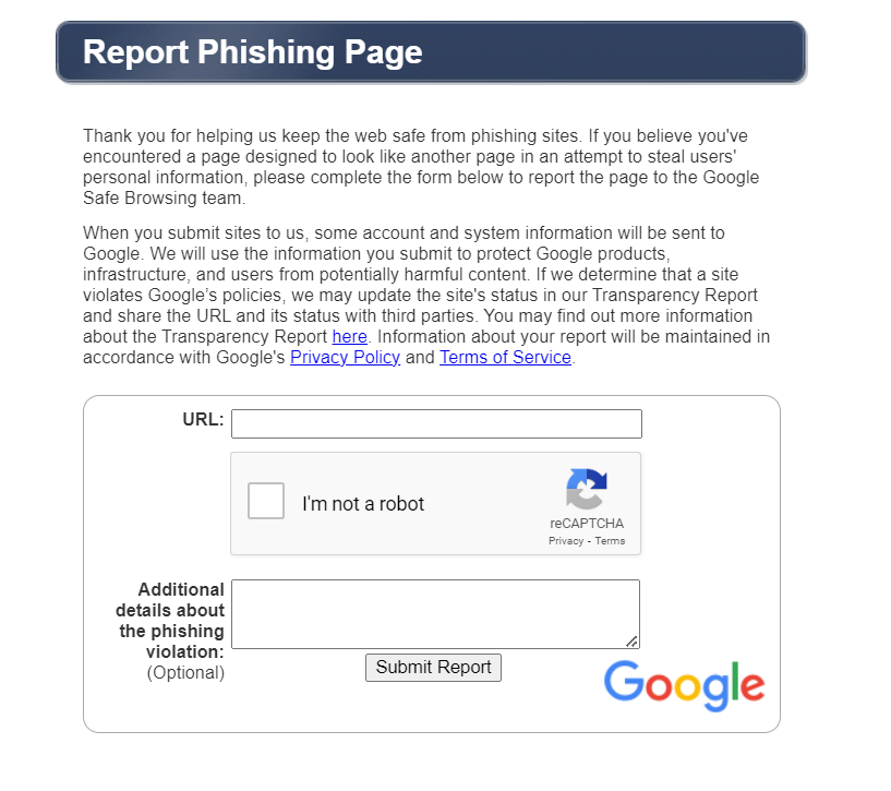 Google’s “Report a Phishing Page” form