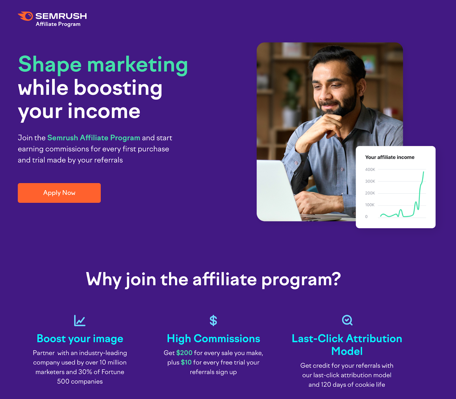 Semrush's affiliate marketing program landing page