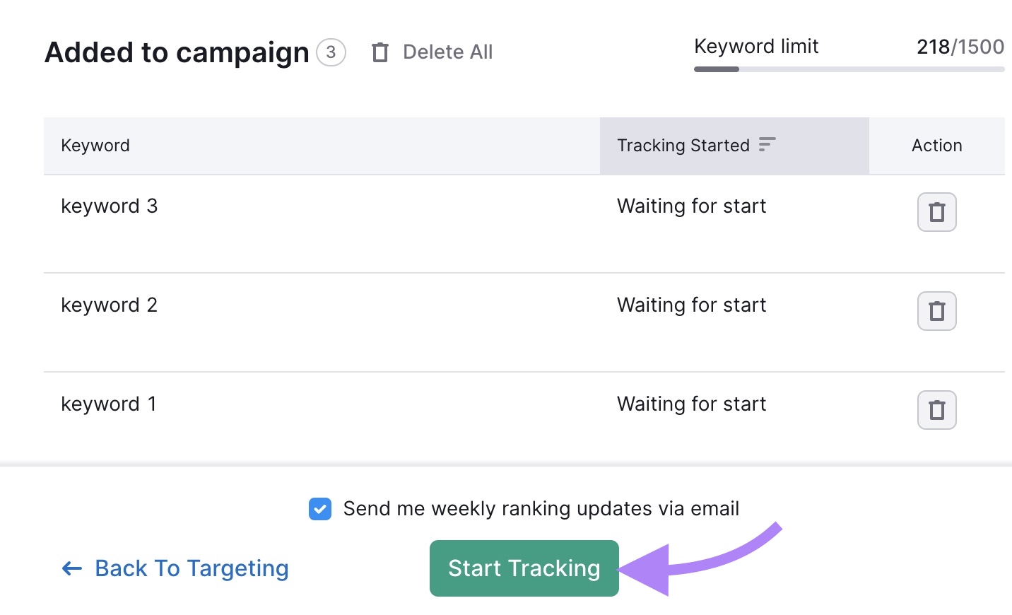 "Keywords" settings connected  the Position Tracking instrumentality   showing the keywords added to a run  and "Start Tracking" clicked