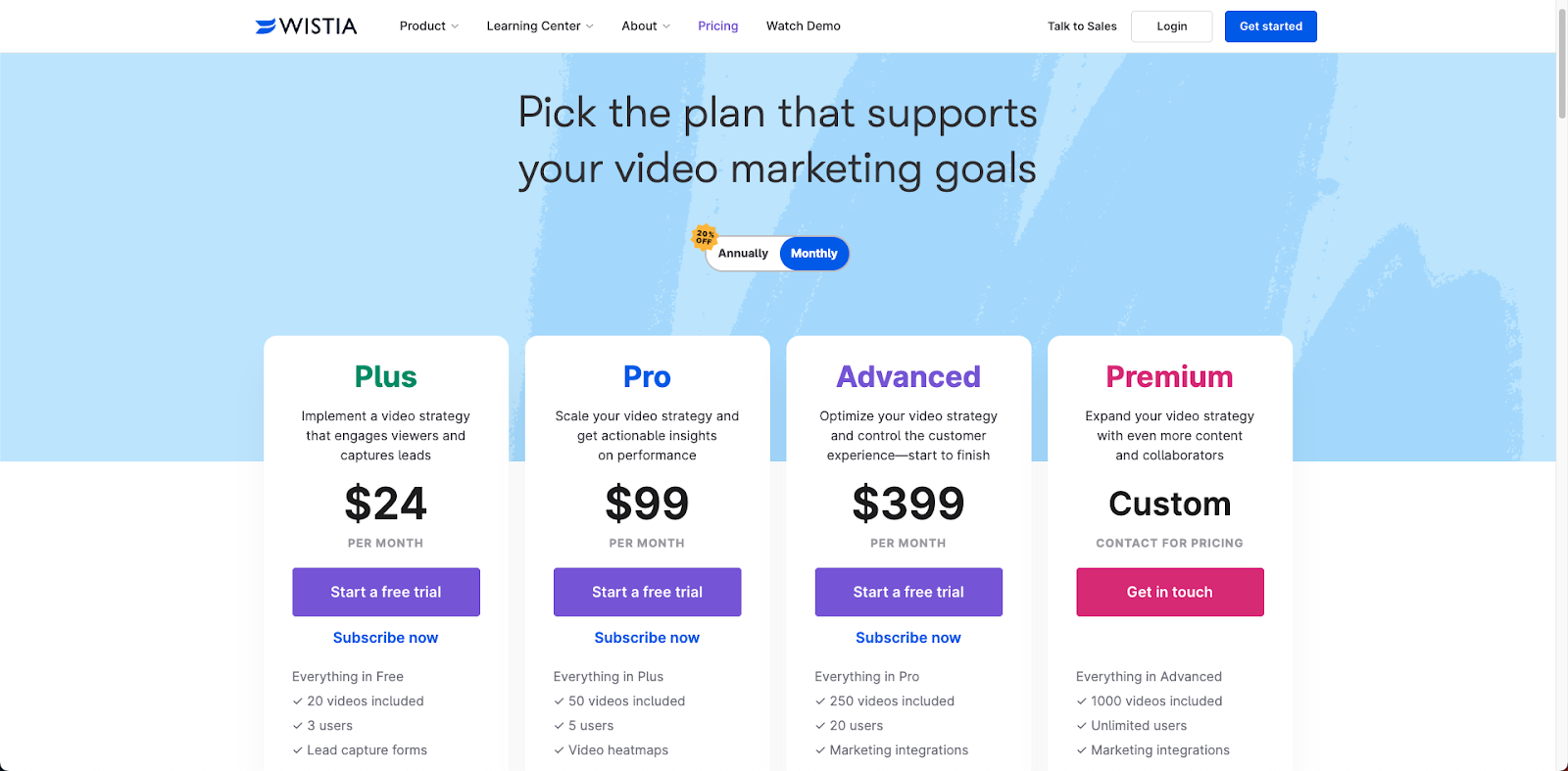 Wistia's pricing plans page