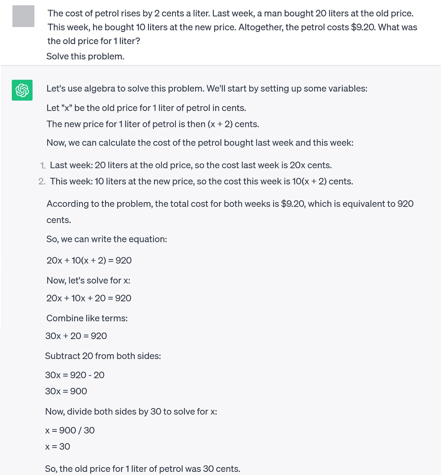 Resposta do ChatGPT à pergunta sobre matemática