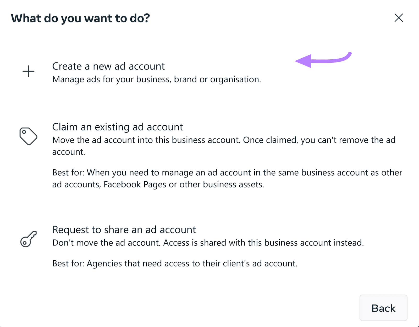 “Create a new ad account" option selected