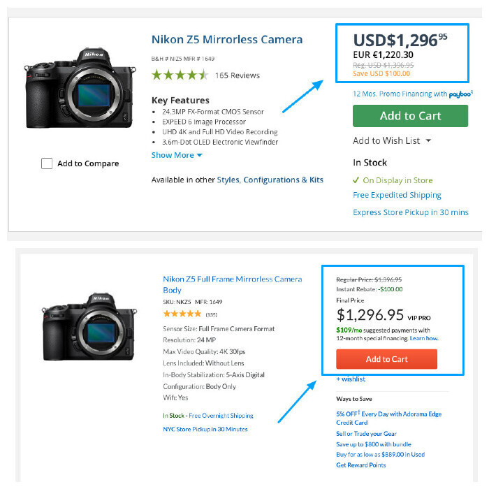 A screenshot comparison of the Nikon Z5 camera for sale on B&H and Adorama shows that the two websites offer an identical price point for this particular product. 
