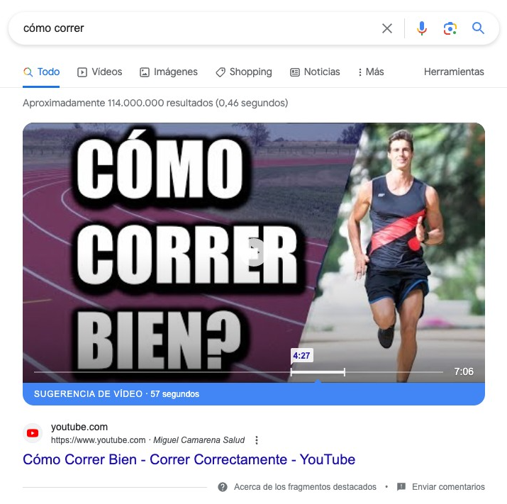 Ejemplo de SERP para la palabra clave "correr"