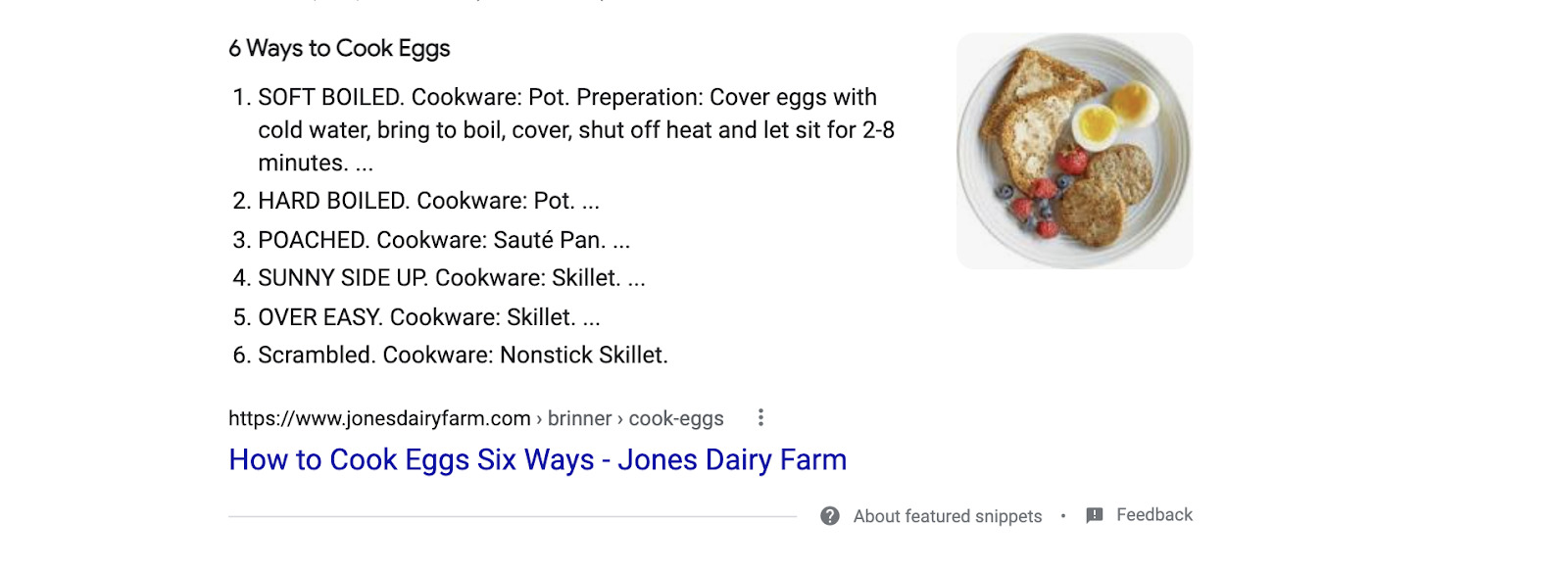 A featured snippet with a numbered list on SERP
