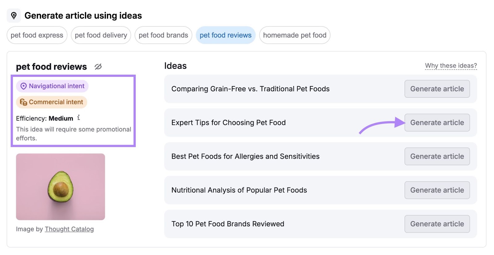 ContentShake AI home with intent and efficiency highlighted on the left and "Generate article" next to one of the content ideas clicked.