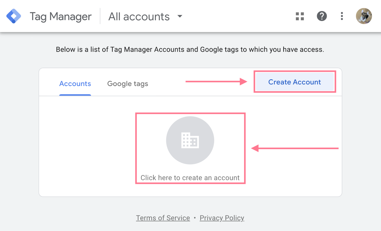 create account button highlighted