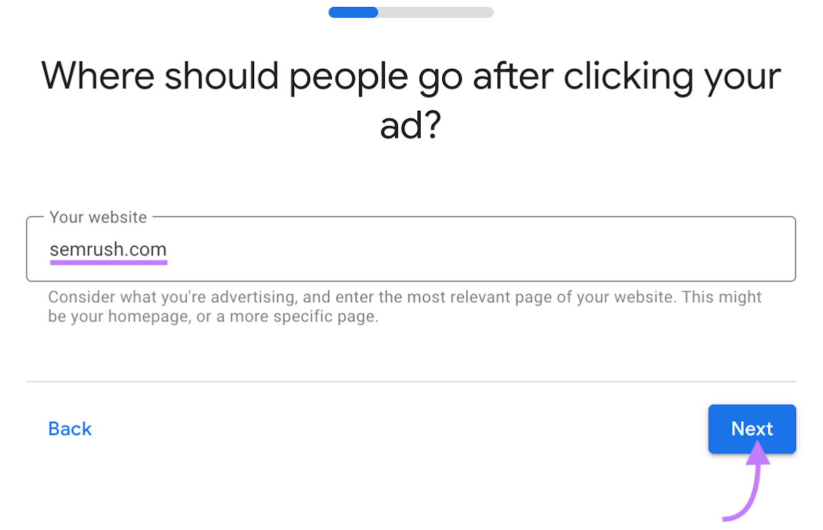 "Where should people go after clicking your ad?" screen
