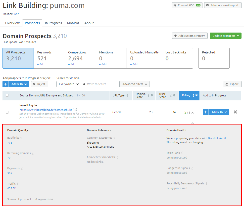 SEMrush Linkbuilding: Prospects