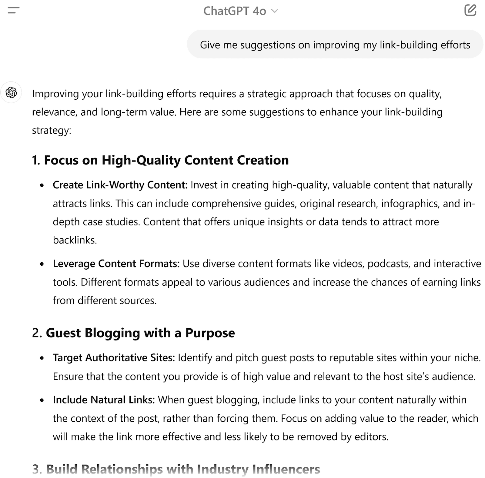 ChatGPT interface with a generic response outlining suggestions for improving link-building efforts
