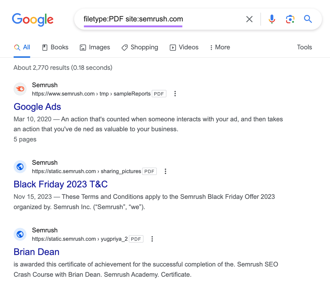 Google's SERP for “filetype:PDF site:semrush.com”