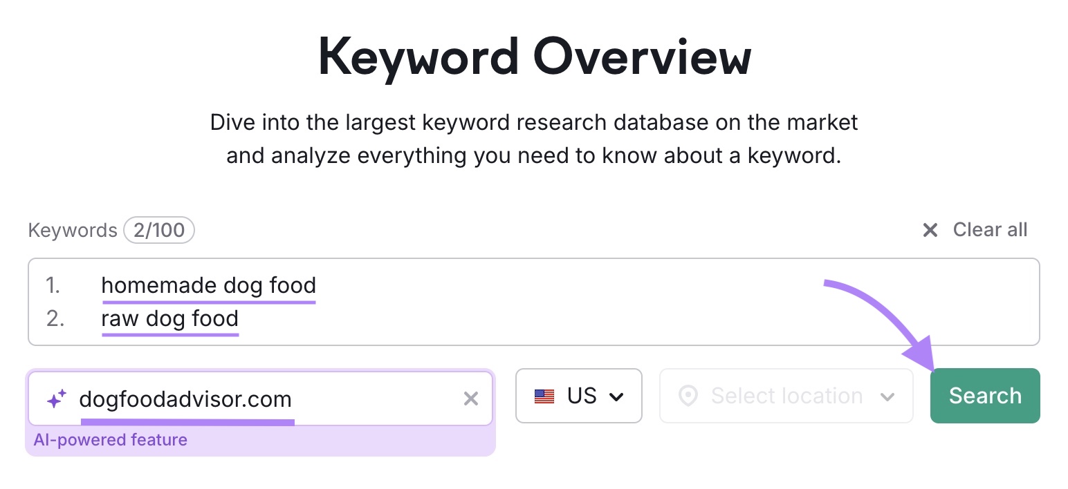 Keyword Overview tool start with two keywords and a domain entered with "Search" clicked.