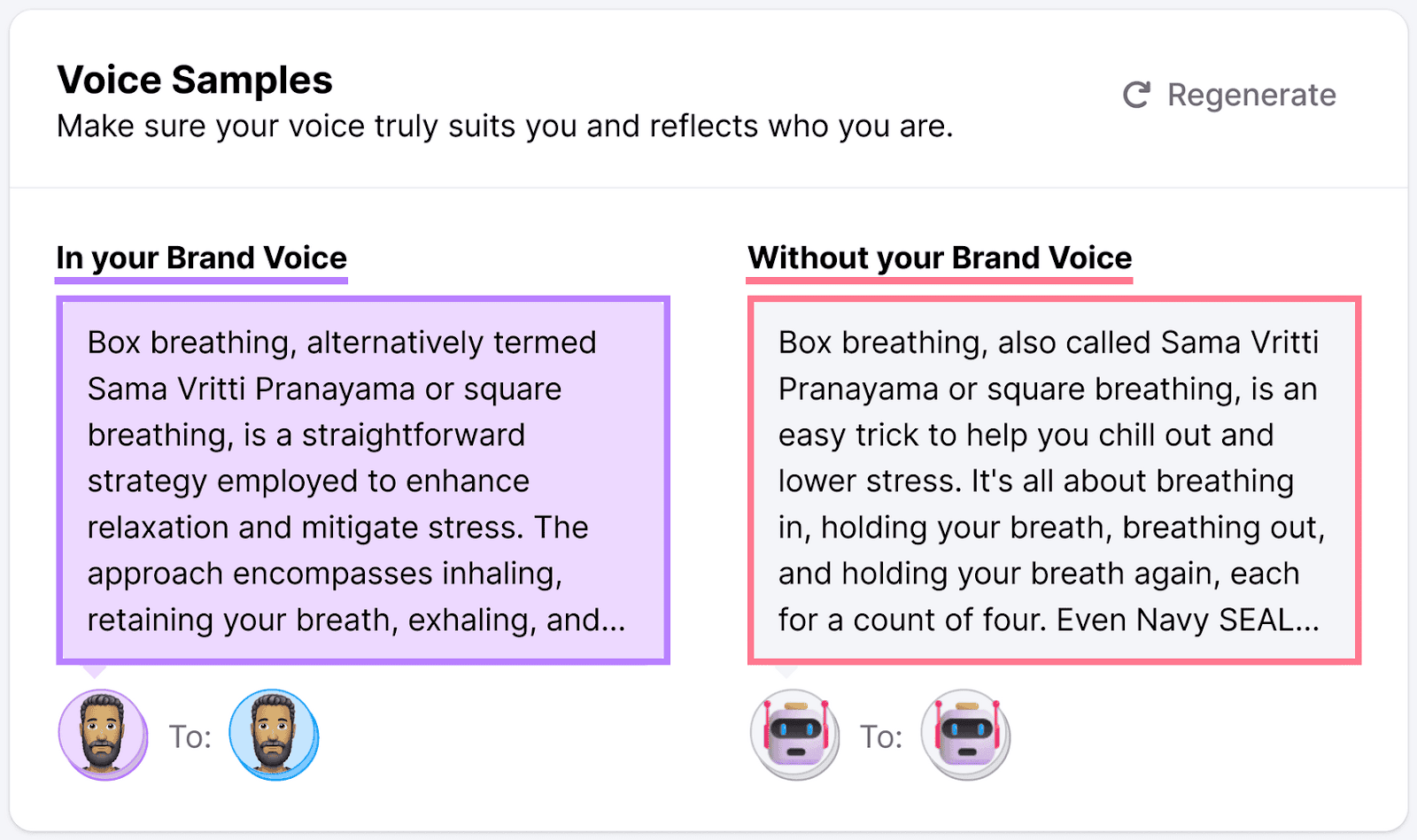 two texts in ContentShake AI: left - "In your Brand Voice" (purple); right - "Without your Brand Voice" (red)