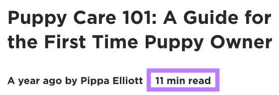 Petcube's Puppy Care Guide shows "11mins" reading time under the title