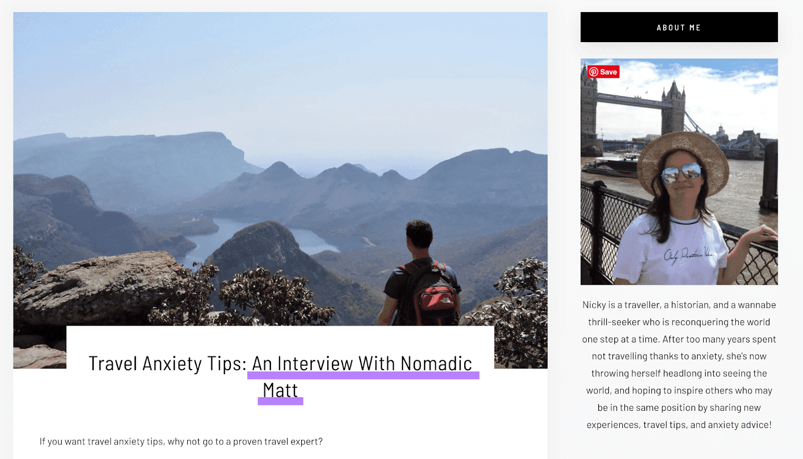 Blog post on That Anxious Traveller's blog titled "Travel Anxiety Tips: An Interview With Nomadic Matt"