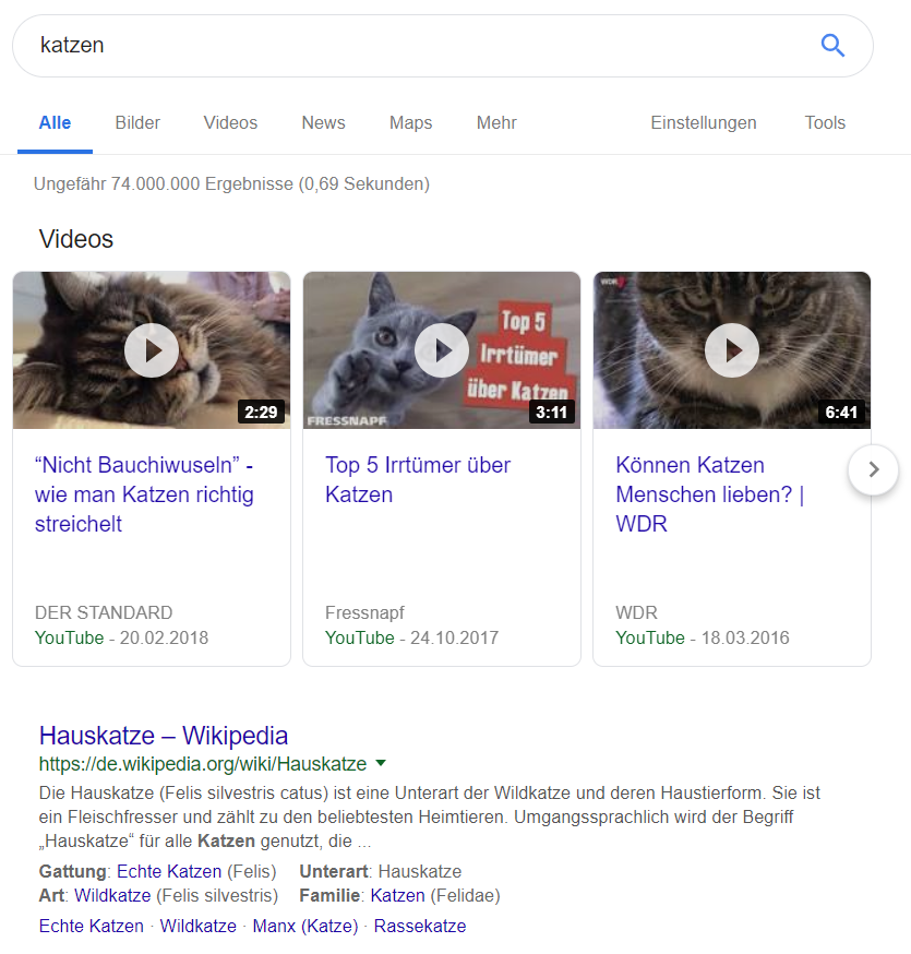 Google-Suchergebnis: Videos ganz oben