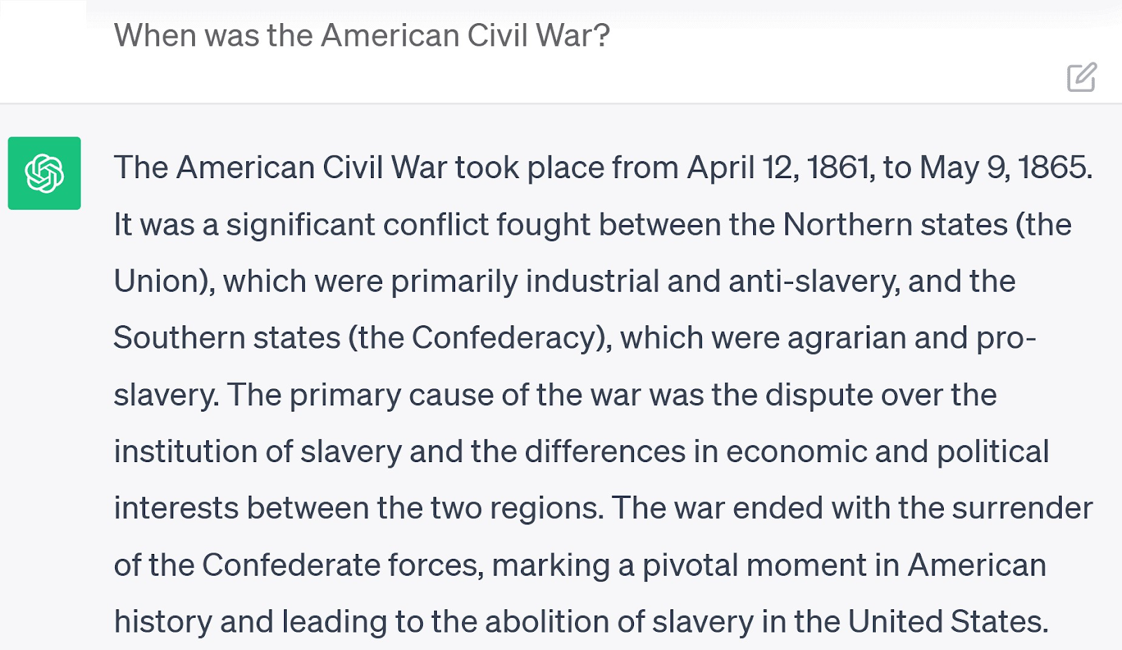 ChatGPT’s response to "When was the American Civil War?" prompt