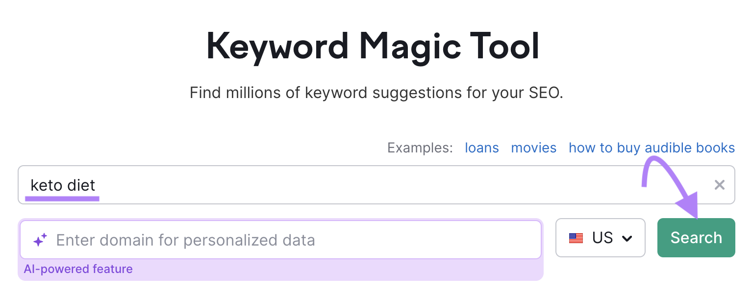 Keyword Magic Tool search bar with "keto diet"