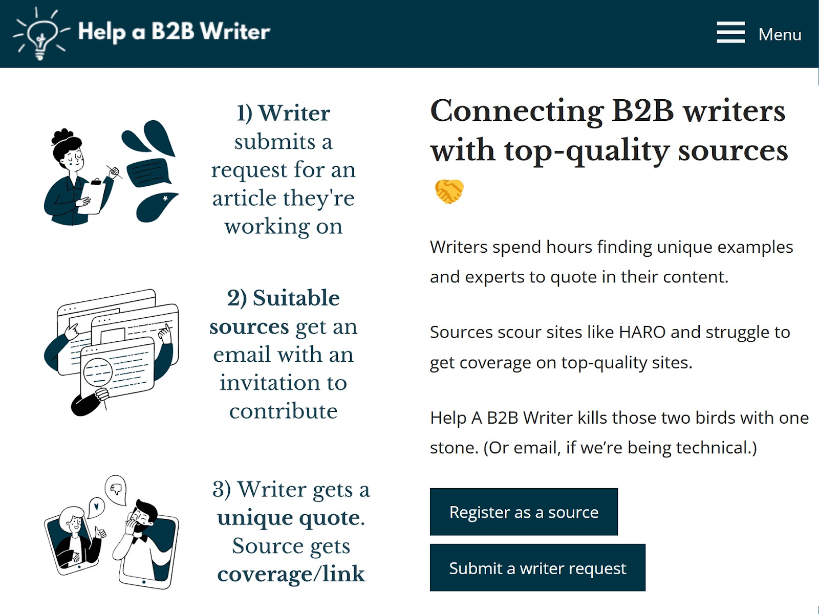 "Help a B2B Writer" landing page