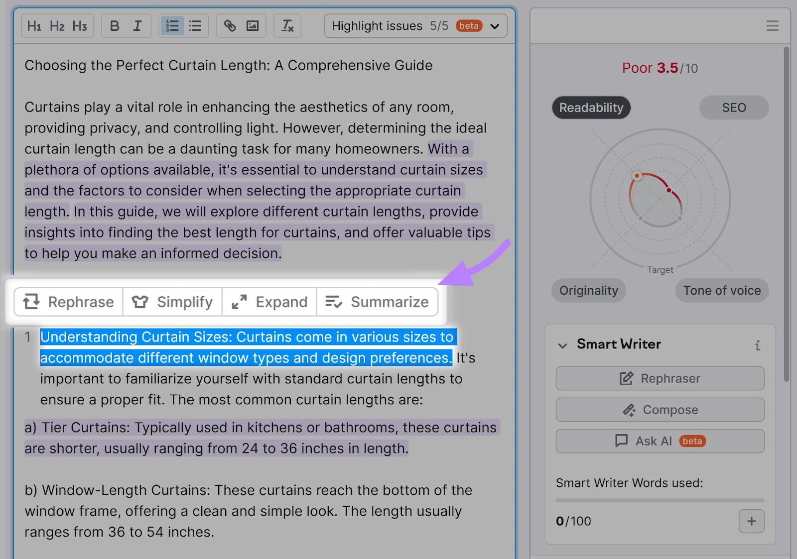 highlighted text with “Rephrase,” “Simplify,” “Expand,” or “Summarize” options 