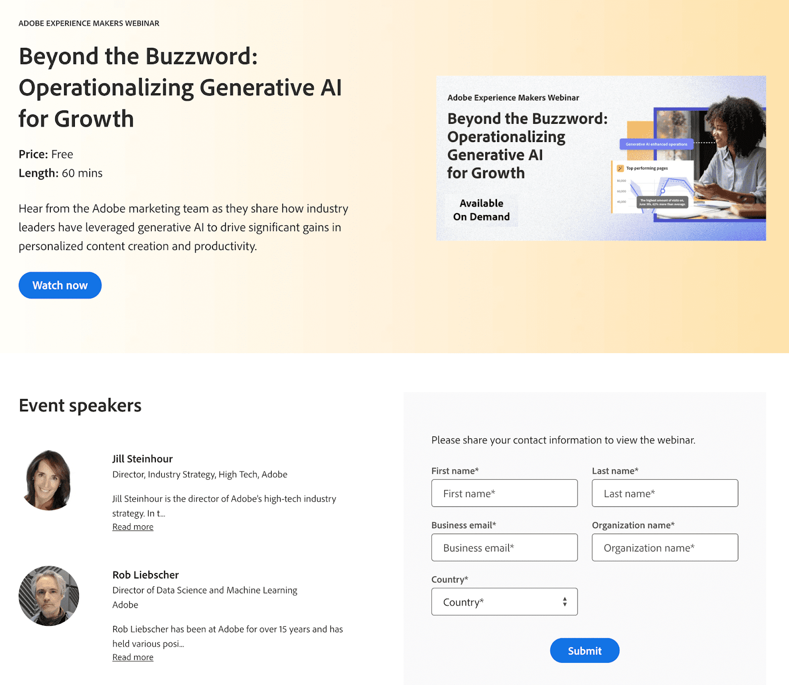 Webinar page by Adobe with a lead generation signup form