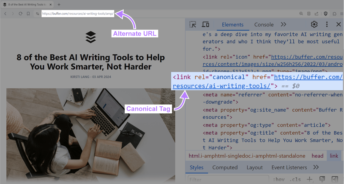 canonical tag added in the <head> section of a webpage