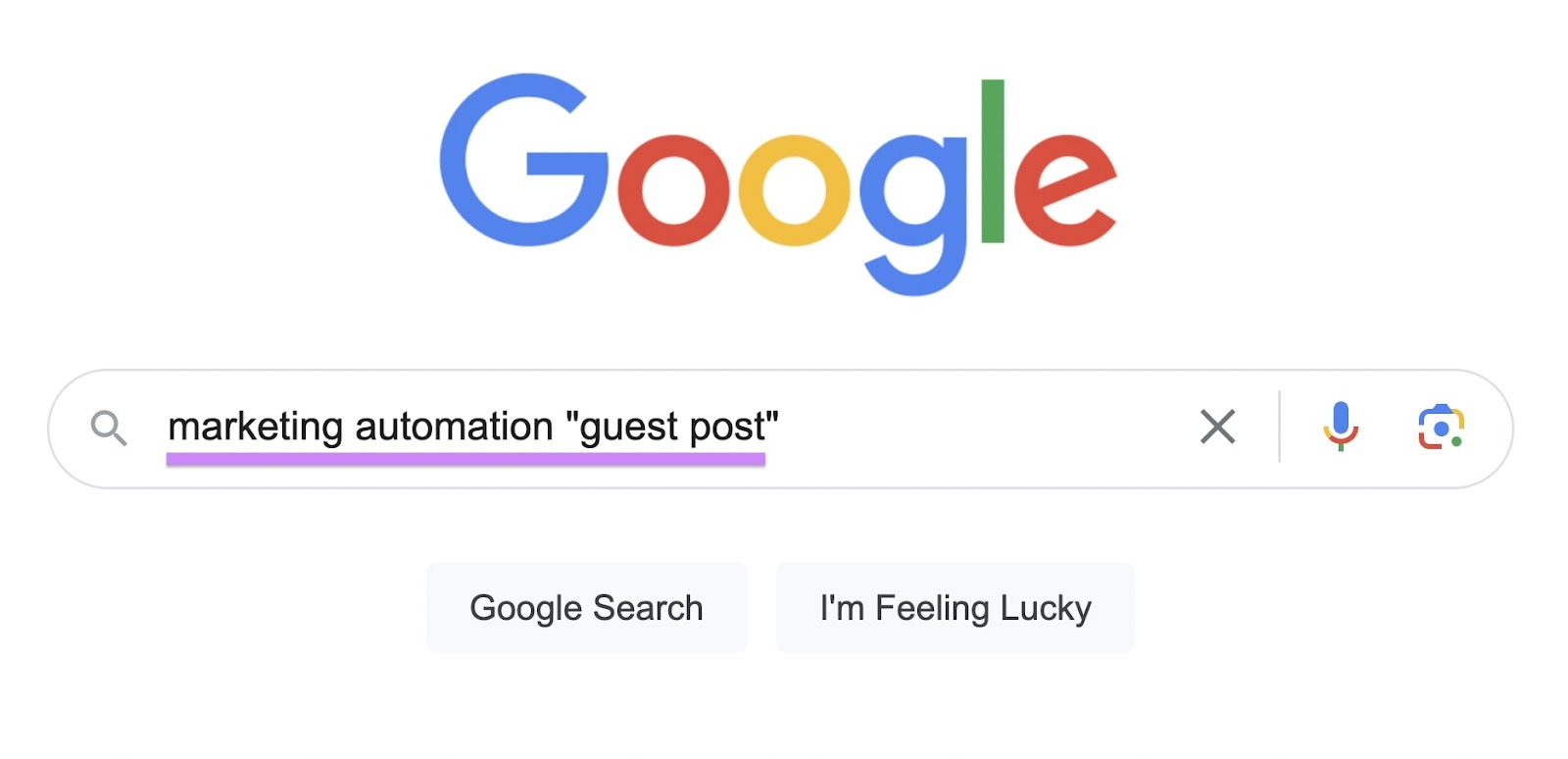 Google search bar with marketing automation "guest post" in it.