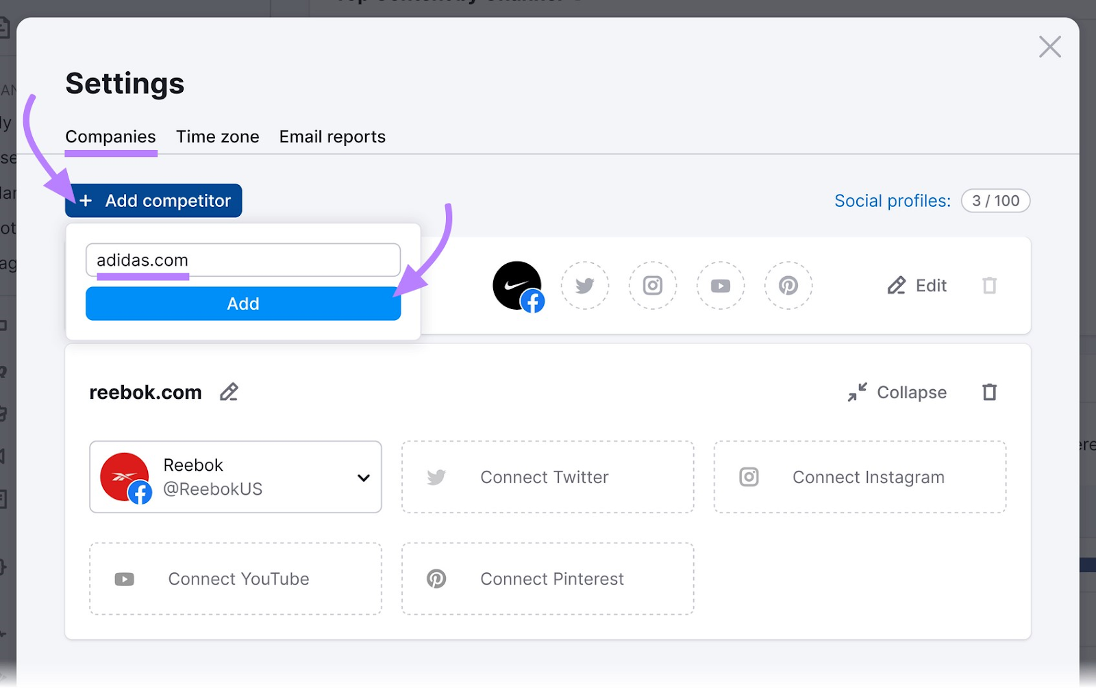 how to add your competitors to Social Tracker tool