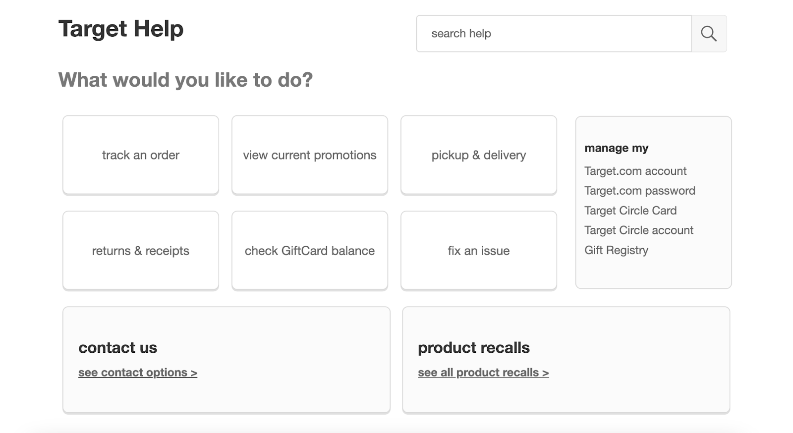 Target help page example with boxes for different topics