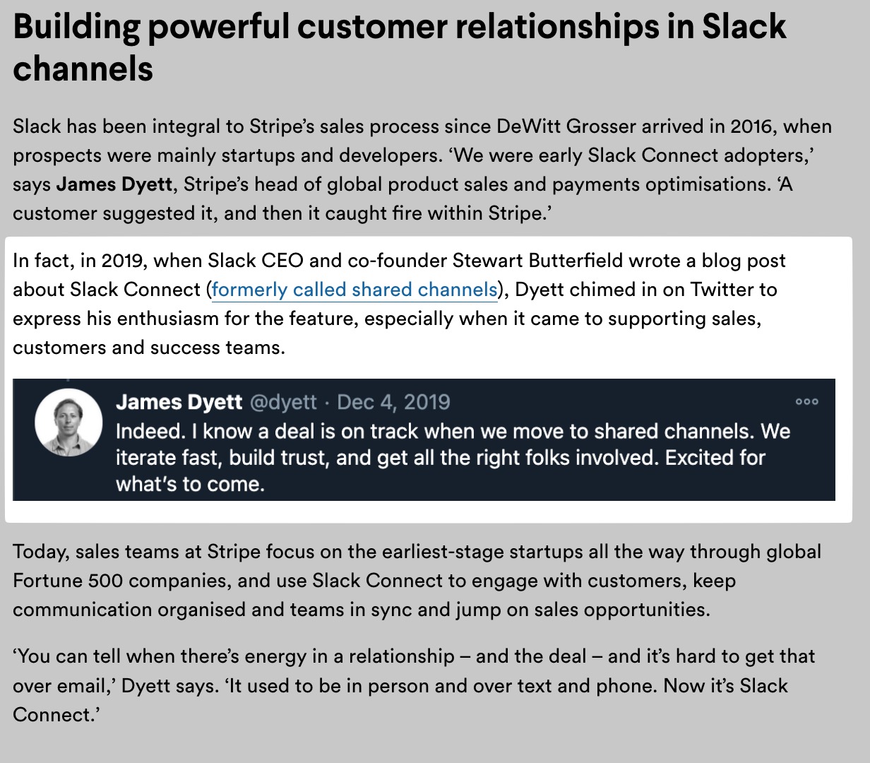 A tweet from the company’s CEO, Stewart Butterfield highlighted in the section of the article about Stripe