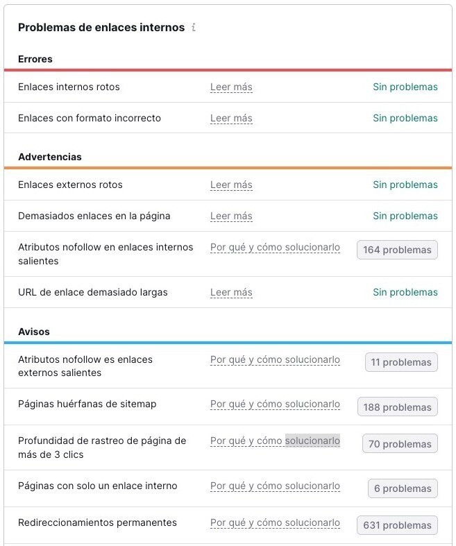 Ver problemas internos en Semrush