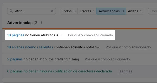 Imágenes sin atributos alt en Auditoría del sitio