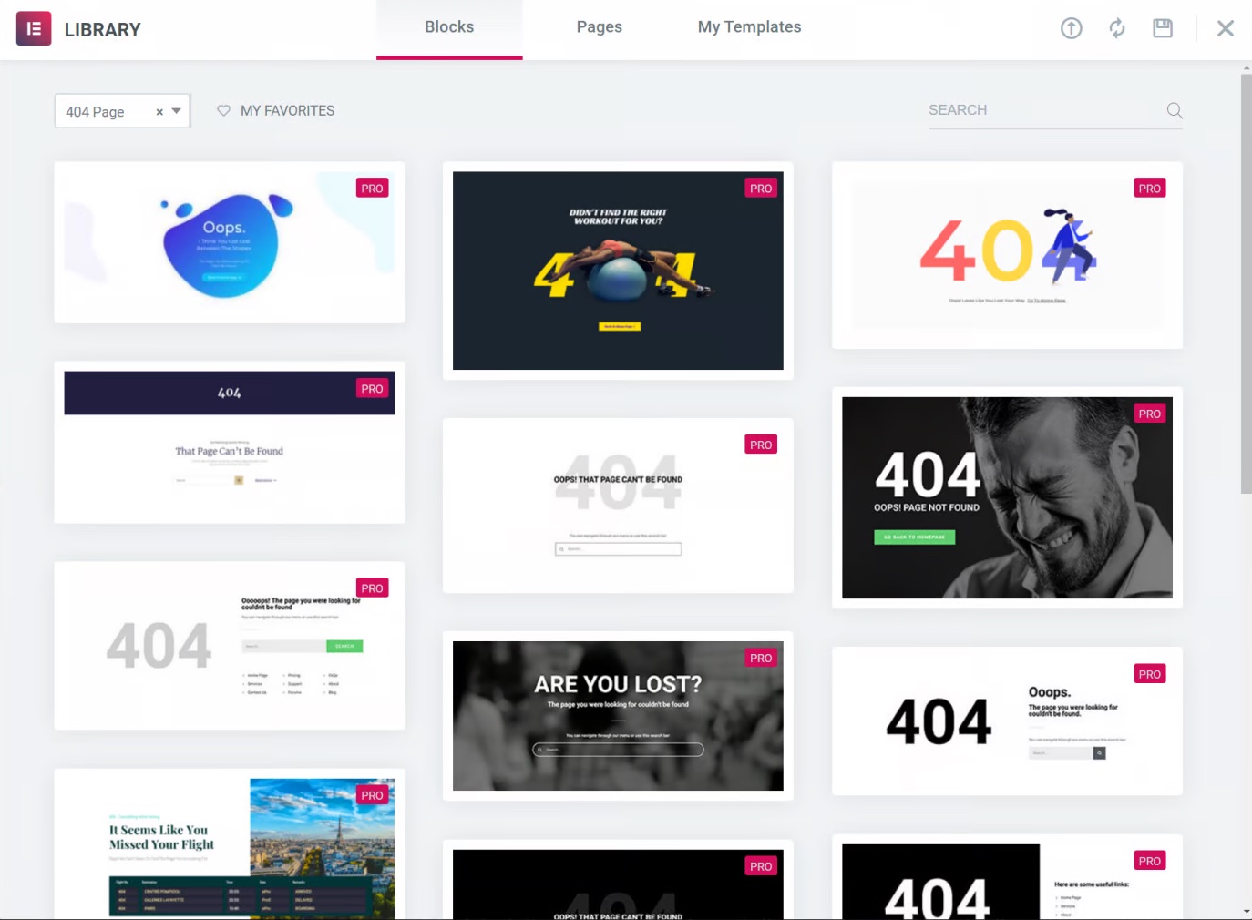 Elementor template library for 404 pages.