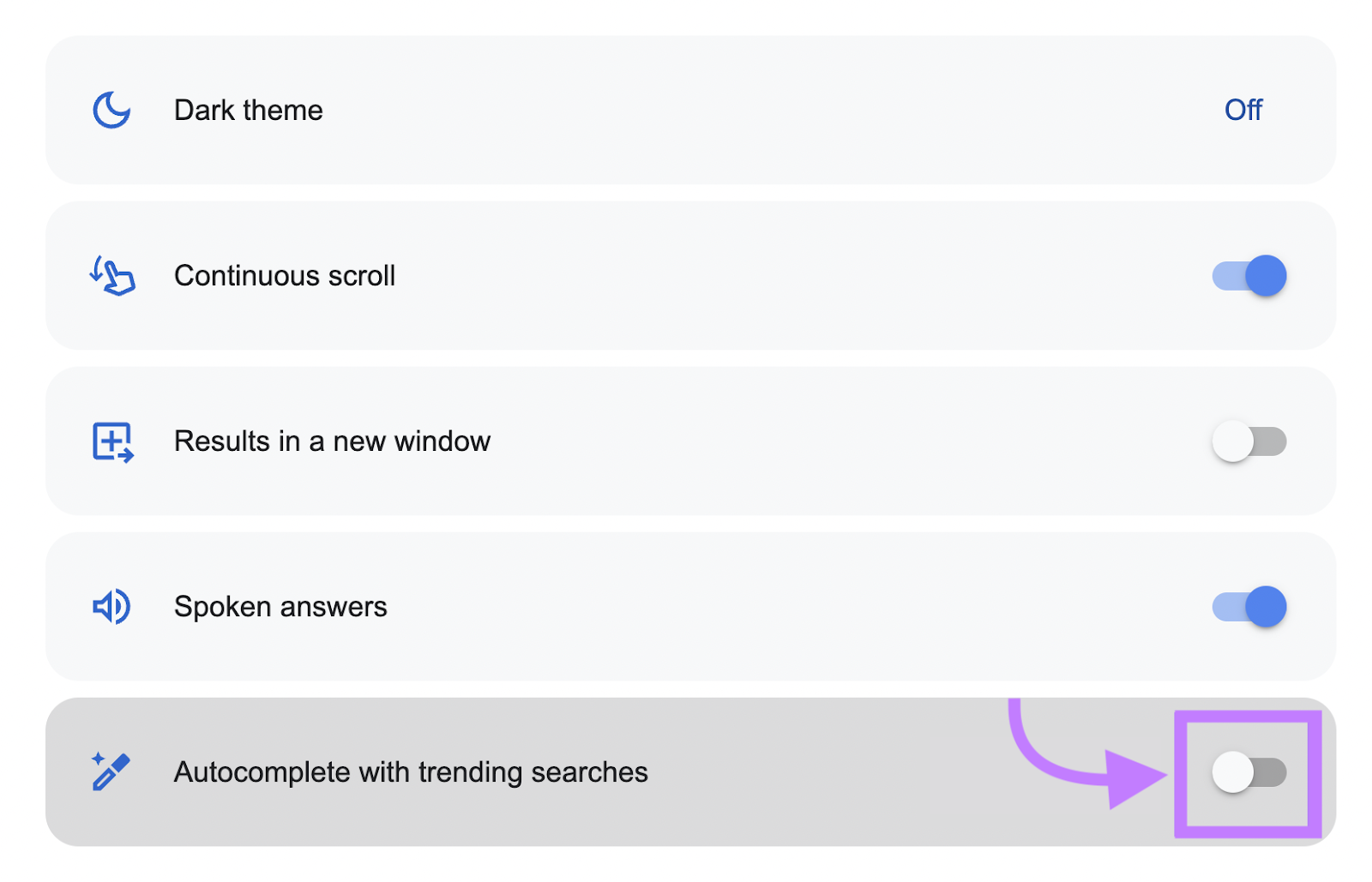 “Auto-complete with trending searches” switch