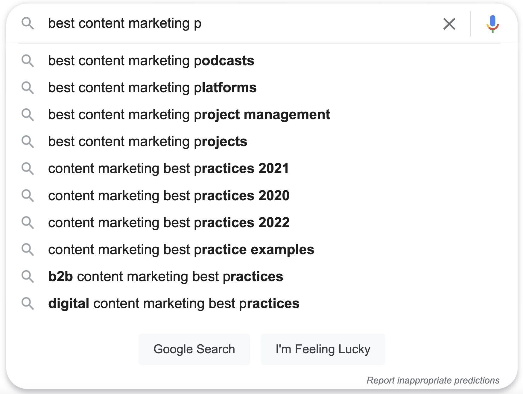 Google autofill for "best content marketing p"