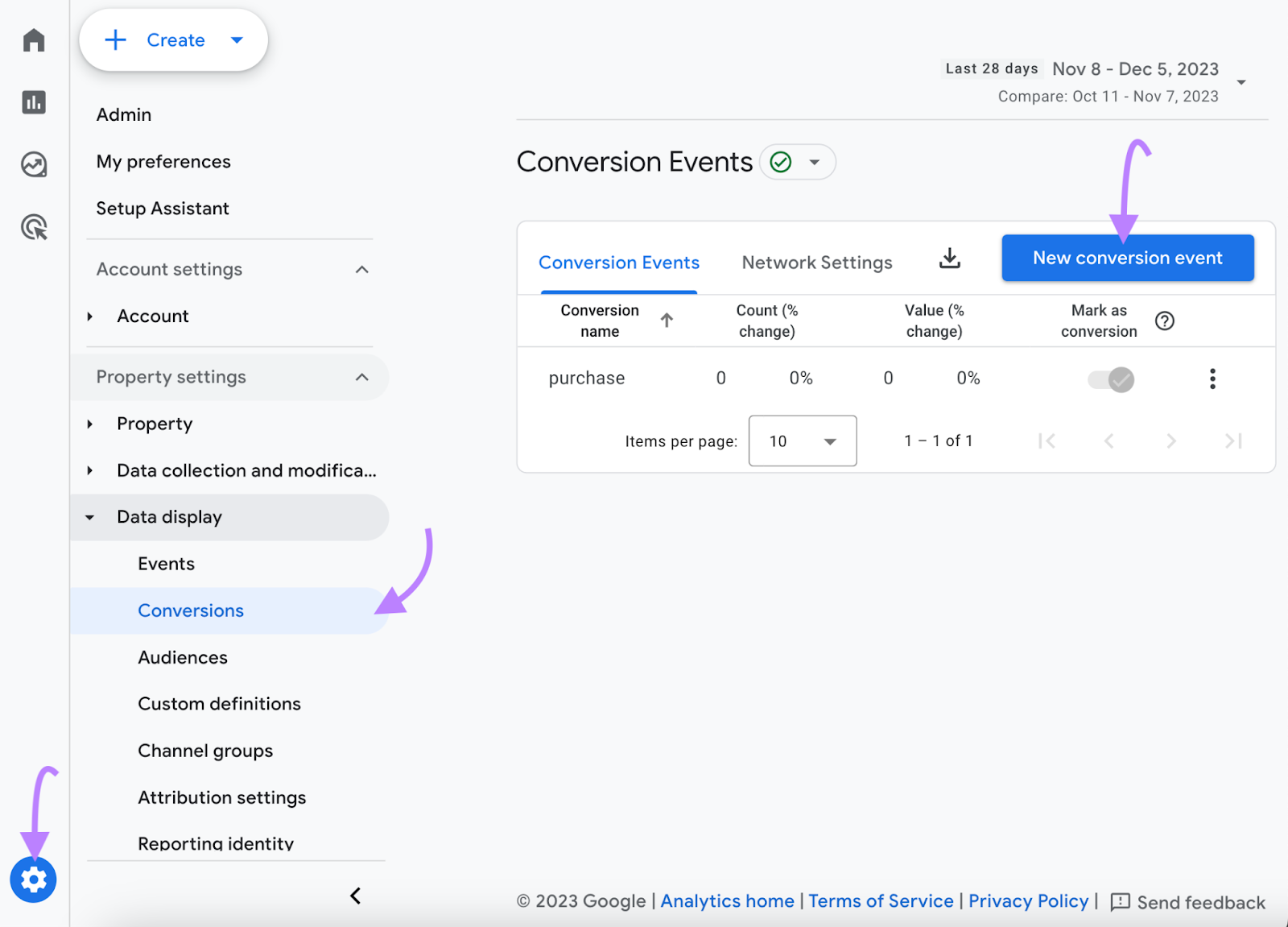 Navigating to “New conversion event" in GA4 admin