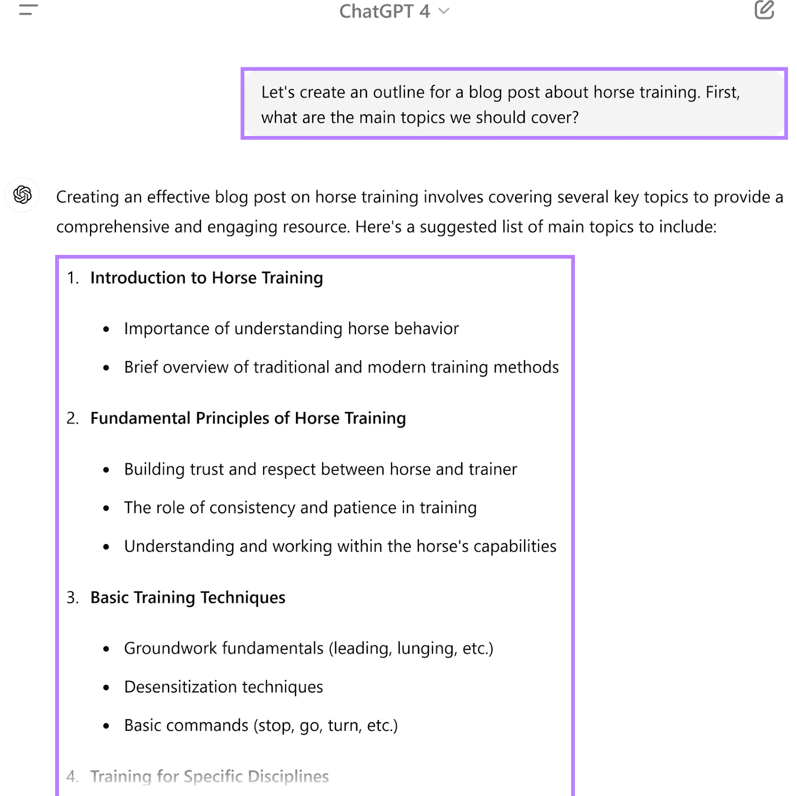 ChatGPT conversation, with a prompt about creating a blog outline and the highlighted response detailing the main topics